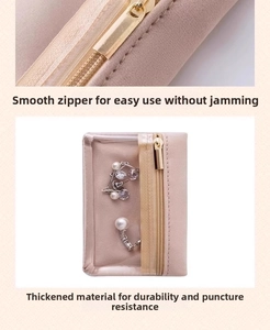 Detail of premium leather jewelry pouch with smooth metal zipper and clear display window