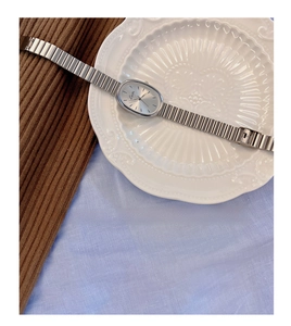 Detail shot of a silver oval-faced quartz watch with a chain strap on a textured background