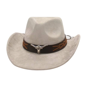 Detail of grey faux suede cowboy hat with brown leather band and silver bull head ornament