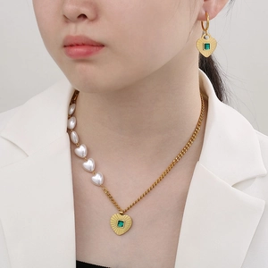 French vintage heart necklace and earrings set with green zircon in gold plated titanium