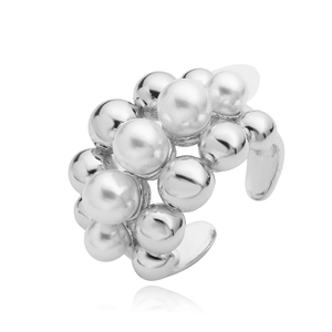 Detailed close-up of a silver multi-layered bubble cluster ring with polished mirror finish