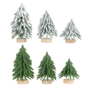 Miniature flocked Christmas trees with wooden bases in green and white snowy finishes