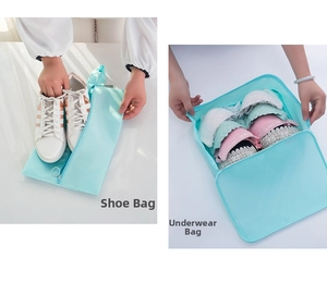 Detail of light blue travel organizers showing capacity for shoes and underwear storage