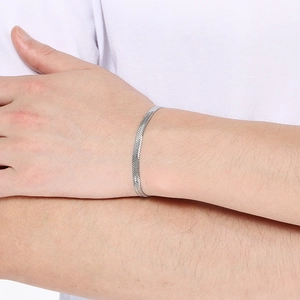 Detail of silver flat snake bone chain bracelet showing smooth metallic texture on wrist