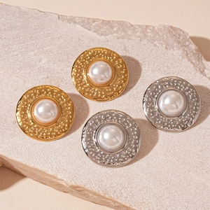 Vintage Round Stud Earrings With Hammered Titanium Steel And Faux Artificial Pearl 925 Sterling Silver Earring Post