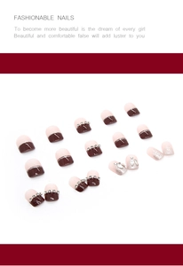 Detail view of 24 burgundy French press-on nails with rhinestone and silver glitter accents