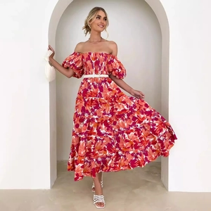 Floral off-the-shoulder maxi dress with puff sleeves and waist belt for summer vacation