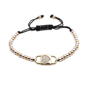Mixed color metal bead black rope bracelet with sparkling heart charm for men