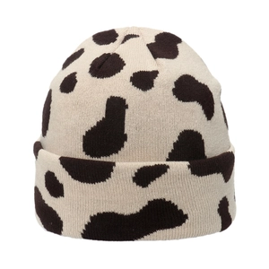 Winter knit cow pattern beanie hat with cuffed brim for women in beige and dark brown