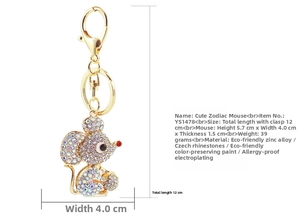 Detailed size specifications for the rhinestone zodiac mouse keychain with zinc alloy base