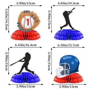 Detail of baseball theme honeycomb centerpieces with size specifications in inches