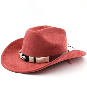 Detail of red faux suede cowboy hat featuring ethnic style band with shell ornament