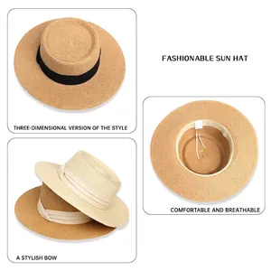 Minimalist French flat top straw sun hat with decorative ribbon and bow for beach outings