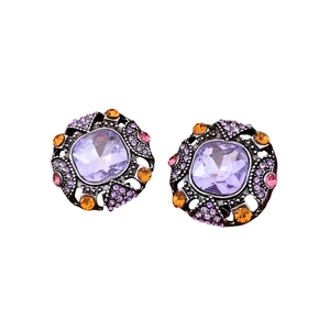 Vintage purple crystal square earrings with diamond accents and gunmetal finish