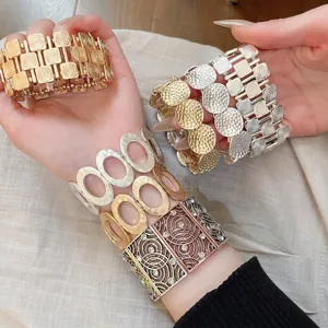 Metallic square and oval texture stretch bracelets in gold silver and rose gold finishes