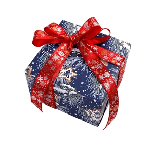 Boîte cadeau de Noël en papier kraft bleu foncé avec ruban rouge pour bouquets de fleurs