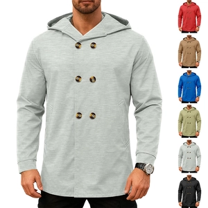 Detail view of double-breasted hooded trench coat fabric texture and six color options