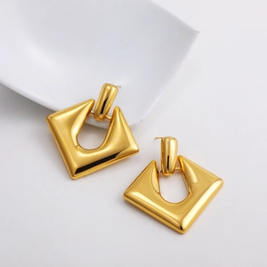 Polished 18K gold geometric earrings with long oval top and square hollow dangles