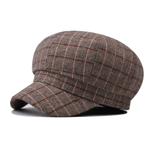 Classic brown plaid newsboy cap in retro tweed fabric, stylish octagonal hat for women