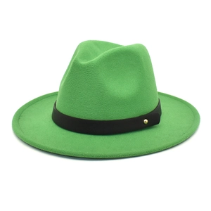Detail of green wool fedora hat featuring black belt strap and gold metal rivet