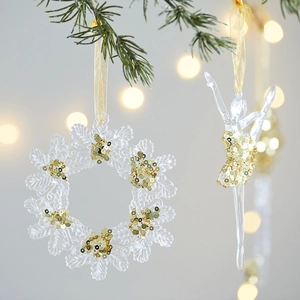 Acrylic Christmas ornaments set featuring a gold snowflake wreath and a ballerina pendant