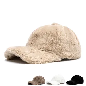 Plush faux rabbit fur baseball cap for women in soft beige with warm winter lining