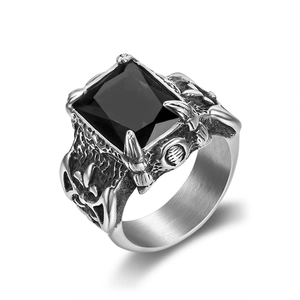 Vintage stainless steel ring for men with black square gemstone and embossed details