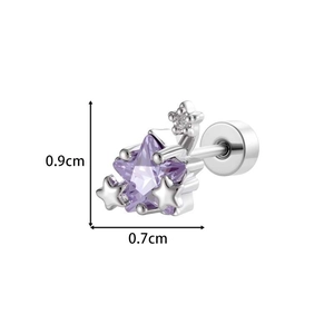 Silver star stud earring with purple gemstone and size markers measuring 0.9cm by 0.7cm