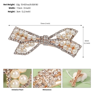 Detailed size chart for the rhinestone bow hair clip with imitation pearl measurements