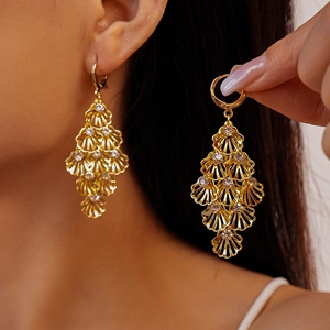 Layered Shell Leaf Hollow Tassel Drop Earrings Rhinestones Iron Alloy Steel Earring Post For Women French Vintage