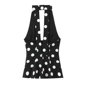 Haut licou noir pour femme avec pois blancs et taille à nœud de style rétro vintage