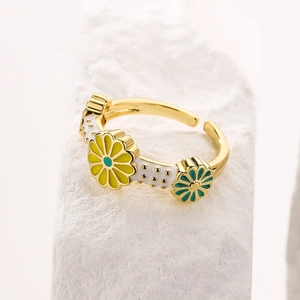 Gold-plated bohemian daisy flower open ring with yellow and cyan enamel petals for women