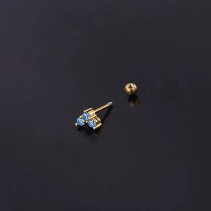 Gold stainless steel cartilage stud earring with three sky blue zircons in a triangle