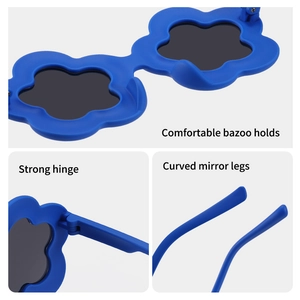 Blue flower shaped cartoon sunglasses for kids with strong hinges and curved anti-slip legs