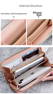 Detail view of pink long wallet interior with card slots and large phone compartment