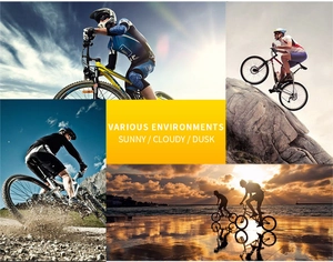 Cycling sunglasses for various environments from sunny to dusk shown in diverse terrains