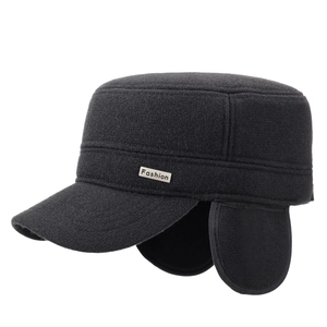 Men's winter flat top thermal cap with ear flaps in dark grey wool blend fabric