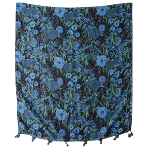 Vintage navy blue floral print scarf with soft cotton feel and elegant tassel details