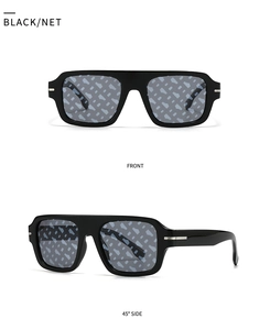 Detail of square black sunglasses featuring NET pattern lenses and silver metal temple decor
