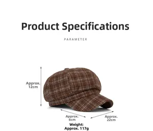 Detailed size parameters for the vintage brown checkered newsboy cap with dimensions