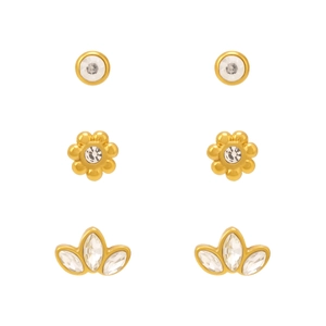 Three pairs of gold plated stainless steel stud earrings with round flower and crown zircons