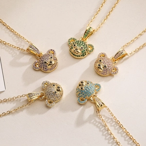 Teddy Bear Pendant Necklace 18K Gold Plated Copper Micro Pave Colorful Zircon INS Fashion Commute Jewelry For Women