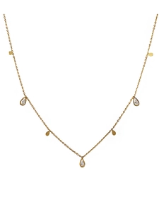 Detail of gold fringe necklace featuring teardrop zirconia stones and polished golden drops