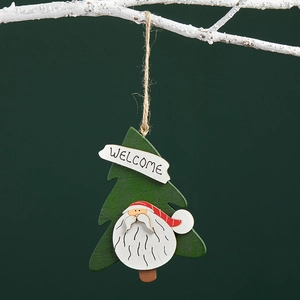 Handcrafted wooden Christmas tree ornament with Santa and Welcome sign on a hemp rope