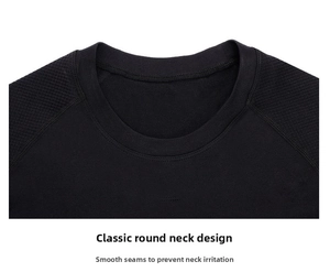 Macro view of seamless crew neck and mesh texture on men's black quick-dry gym t-shirt