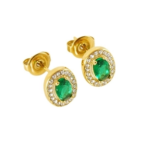 Detail of gold oval stud earrings featuring a green zircon center and sparkling halo stones