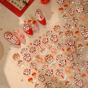 Festive Chinese New Year nail art stickers featuring traditional red lion dance designs