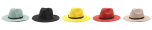 Detail of five-color woven fedora hats featuring faux leather studded decorative bands