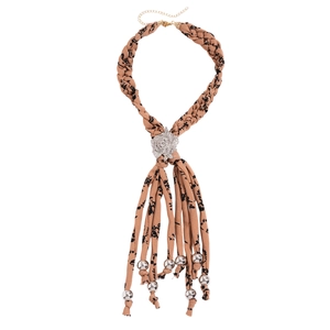 Collier rétro en tissu kaki avec pendentif fleur strass et glands à billes métal