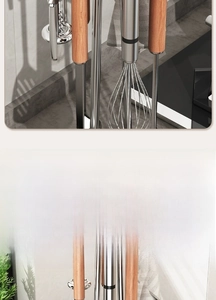 Rotating kitchen utensil rack with stainless steel tools and quick-drain water tray